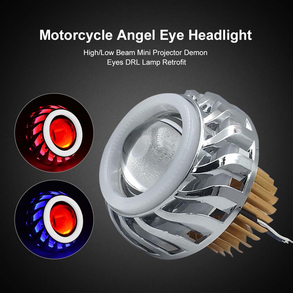 Car Motorcycle 1200LM Headlight LED Angel Devil Eyes Headlight Projector Lens High/Low Beam Strobe Spotlight DRL Dual Halo Lamp