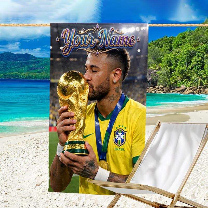 1pc Brazilian football player Beach Towel with Custom Name, Beach and Seaside Swimming Pool Equipment, Fashion Pattern, Rectangular, Travel Essential
