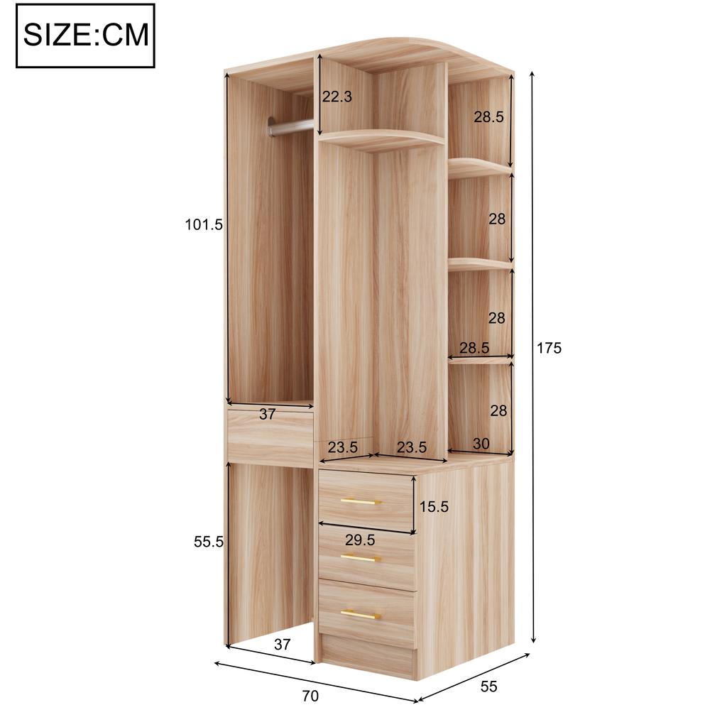 Wardrobe 70 × 55 × 175 cm, Multi-Tier Shelf Compartments, Large Hanging Rail Section, Wood Color