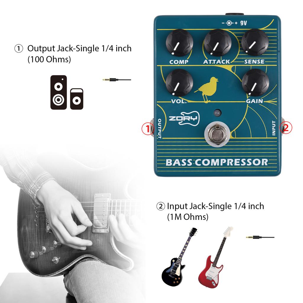 ZORY Compressor Bass Effector Pedal для электрической бас-гитары, басовый усилитель, педаль True Bypass DC 9V
