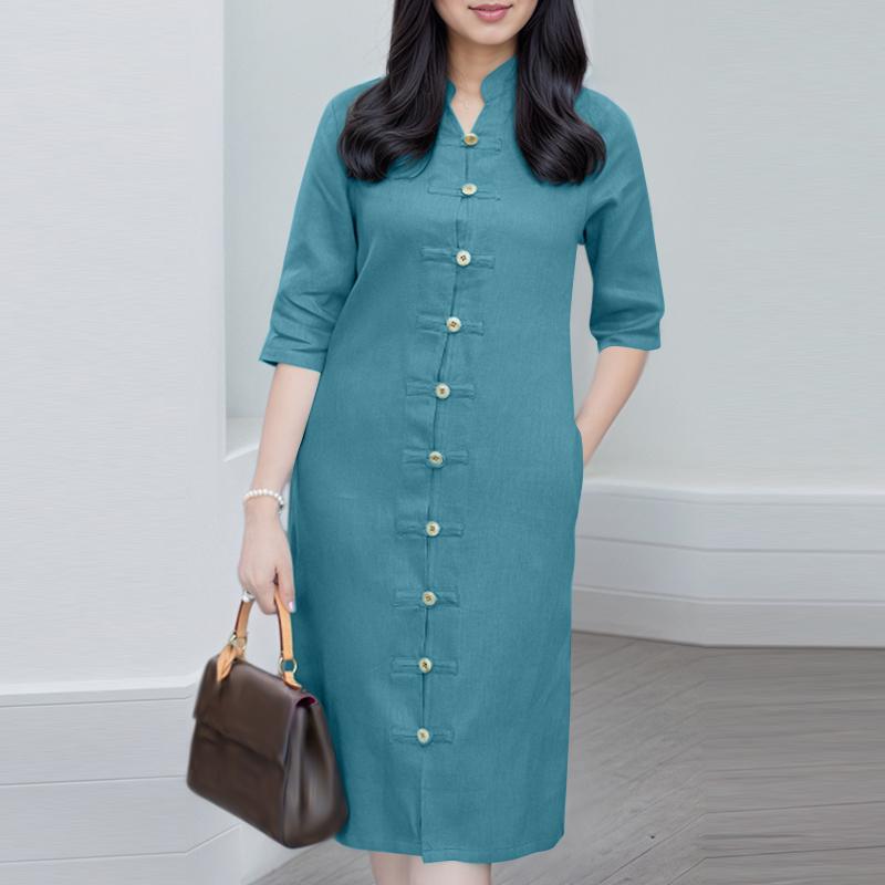 ZANZEA Women Stand Collar Casual 3/4 Sleeve Retro Sheath Dress