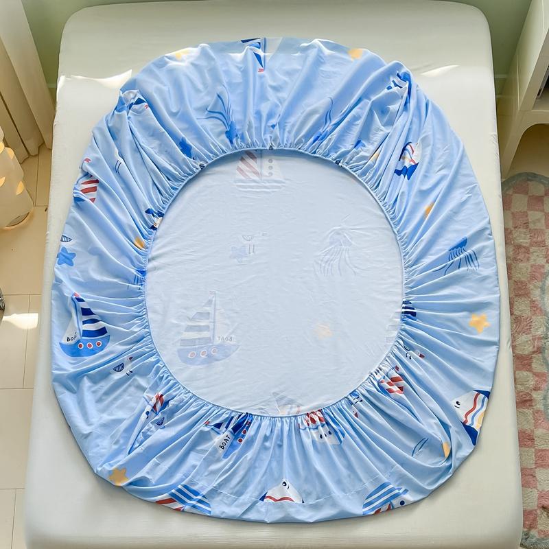 Cartoon Style Ocean Fish Pattern Fitted Sheet Set Sailboat Print 100% Cotton Mattress Protector for Kids Boys Girls Bedding Set