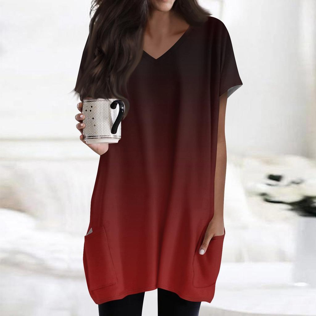 Женские топы с V-образным вырезом, блузки с коротким рукавом, повседневные рубашки средней длины, модные туники с принтом и карманами