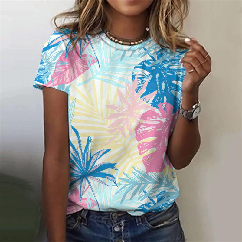3D Printed Colorful Floral T Shirt For Women Plant Graphic T-Shirts Summer Harajuku Loose Tees Round Neck Tops Short Sleeves