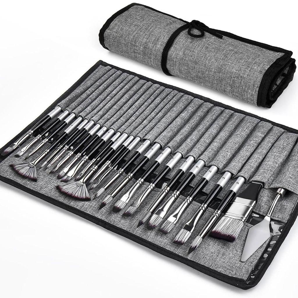 Набор кистей из 24 штук: Холщовый рулон для переноски с серебристо-серыми нейлоновыми ручками для живописи гуашью и акварелью