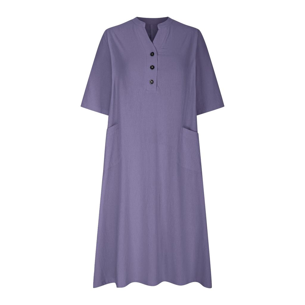 Модное однотонное женское платье средней длины с V-образным вырезом и короткими рукавами, повседневное женское платье с карманами