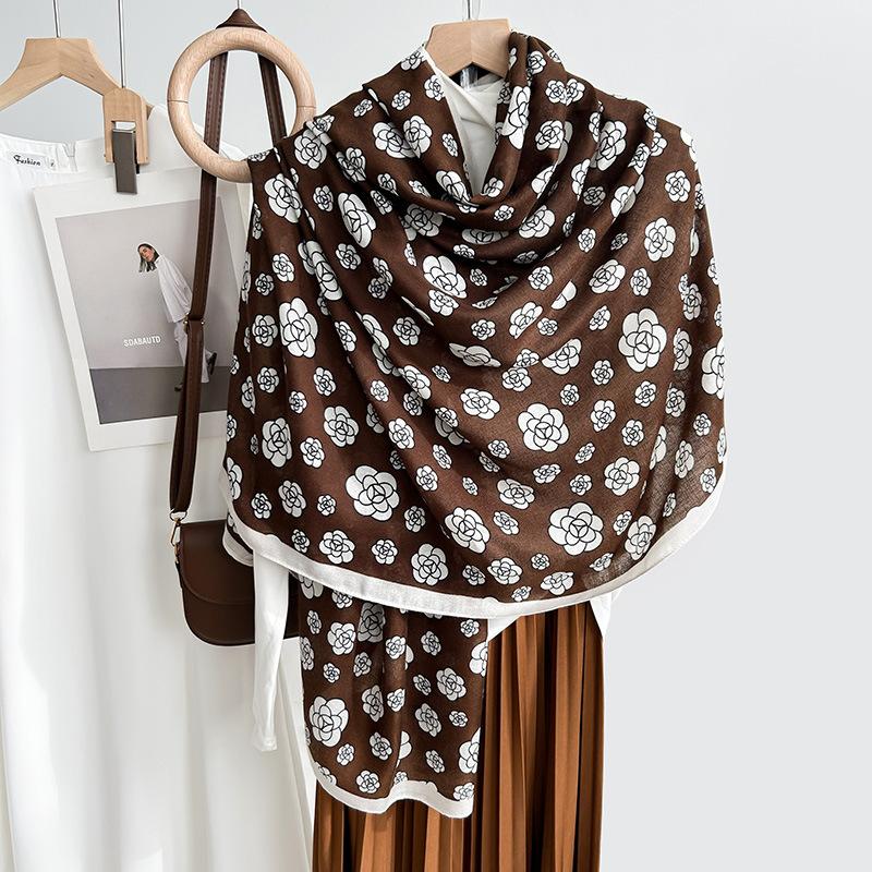 New Camellia Black and White Silk Scarf Cotton and Linen Feel Scarf Autumn and Winter Warm Fashion Shawl Scarf