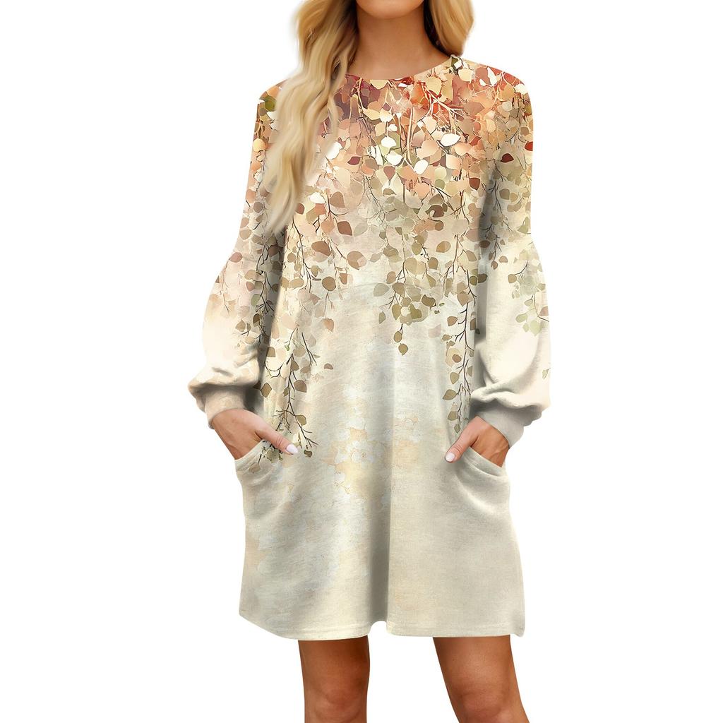 Модное женское платье трапециевидной формы с длинным рукавом. Осенний повседневный пуловер с круглым вырезом. Свободное платье с карманами.