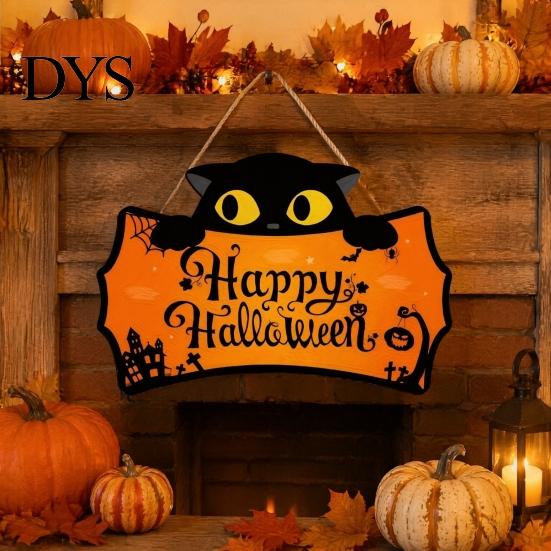 Holiday Home Wall Decorations Halloween Wooden Door Hanging Plaque, Printed Black Cat Pumpkin Castle Spider Web Front Autumn Festival Ornaments Sign,