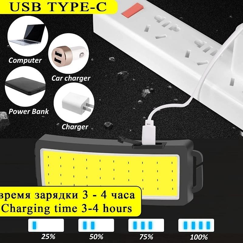 1200 мАч USB C перезаряжаемый светодиодный налобный фонарь COB, супер яркий налобный фонарик со встроенной батареей, портативный уличный фонарь для кемпинга и альпинизма