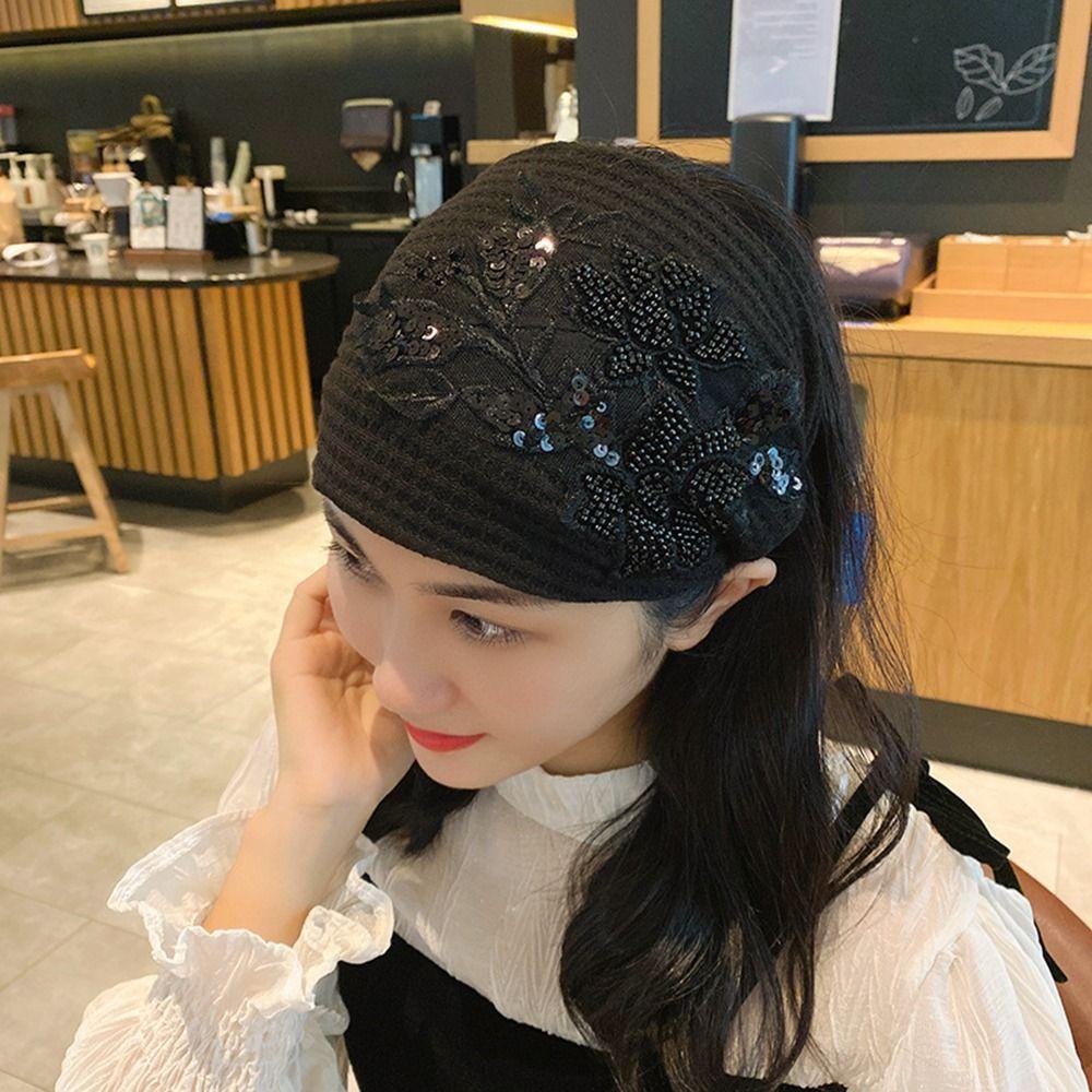 Girls Knitted Wide Side Bead Hair Accessories Flower Hair Hoop Women Hairband Korean Style Headband