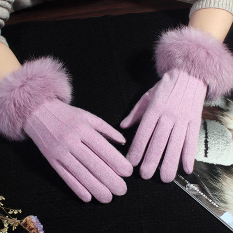 Rabbit Fur Gloves Female Winter Velvet Thicken Warm Mittens Cashmere Full Finger Embroidery Wool Touch Screen Driving Gloves H65