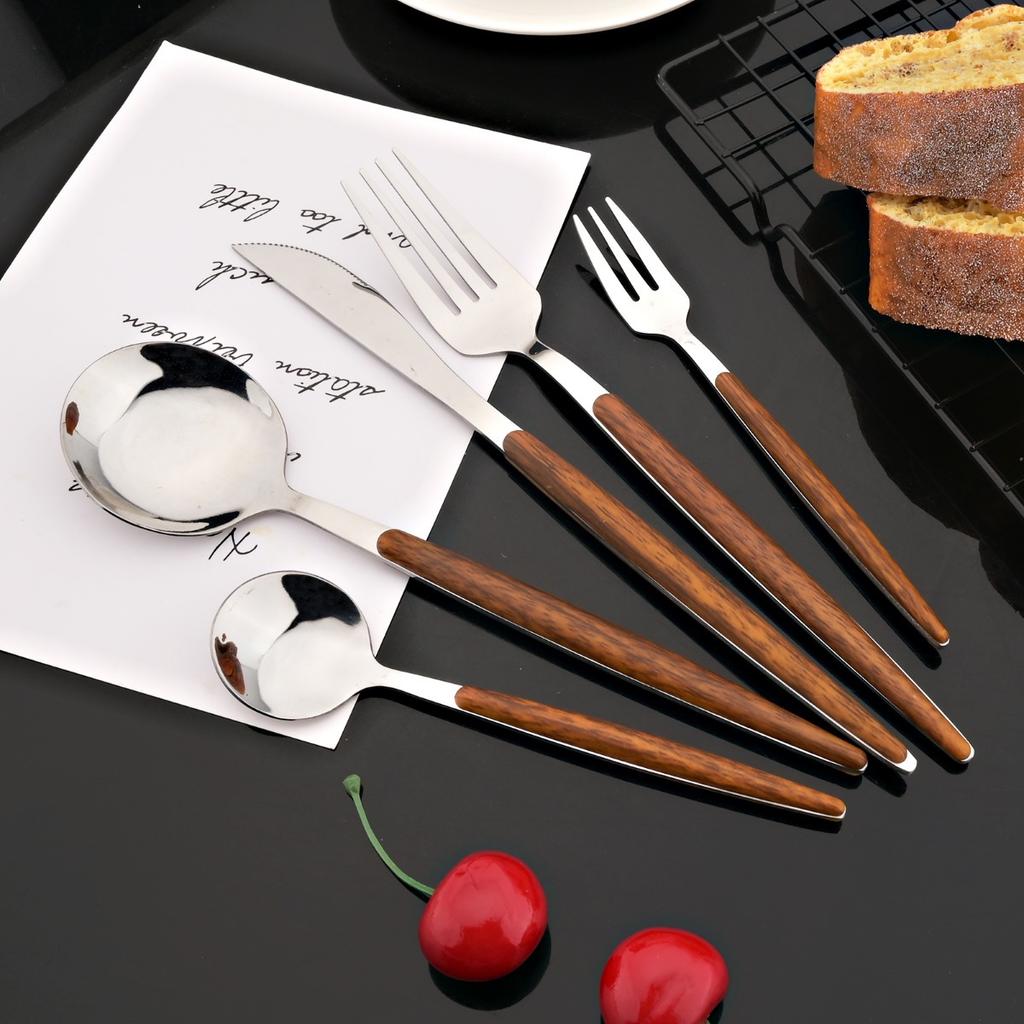 Набор столовых приборов из серебра премиум-класса из нержавеющей стали, 20 предметов, эргономичная деревянная ручка, зеркальная полировка, на 4 персоны