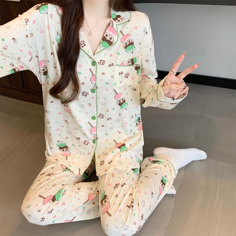 Japanese sweet two-dimensional girl style ins imitation cotton pajamas casual loungewear long sleeves trousers two-piece set