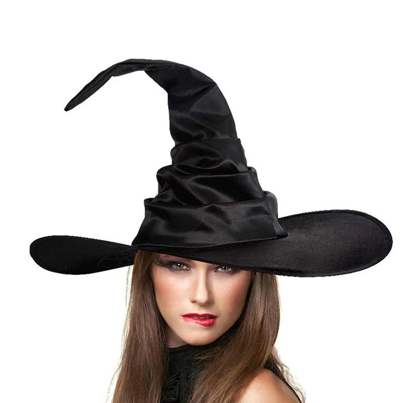 Unisex Halloween Angled Witch Hat Black Folds Wizard Hat Men Women Party
