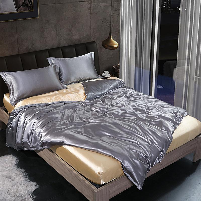 European Solid Color Mulberry Silk Bedding Sets Ice Silk Satin Cooling Bedclothes High Quality Skin-Friendly Smooth Duvet Kit