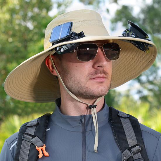 Fisherman Hat, Outdoor Sun Hat with Dual Power Solar USB Rechargeable Fan, Wide Brim Sun Protection Hat for Fishing Camping Hiking Gardening