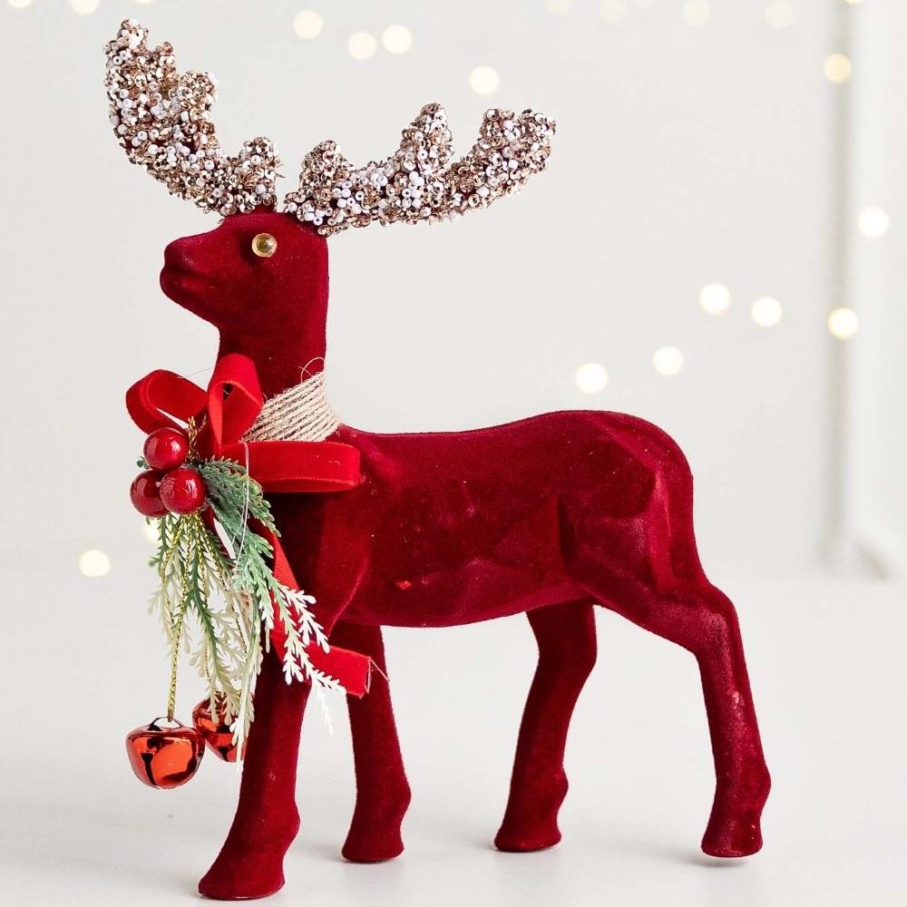 Shiny Antlers Christmas Elk Figurine Flocking Texture Glitter Bowknot Deer Gift