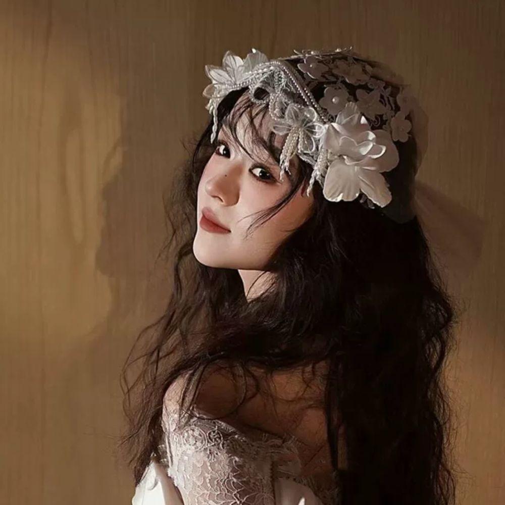Pearls Beads Bride Headdress White Wedding Headwear Elegant Bridal Hat  Hair Jewelry