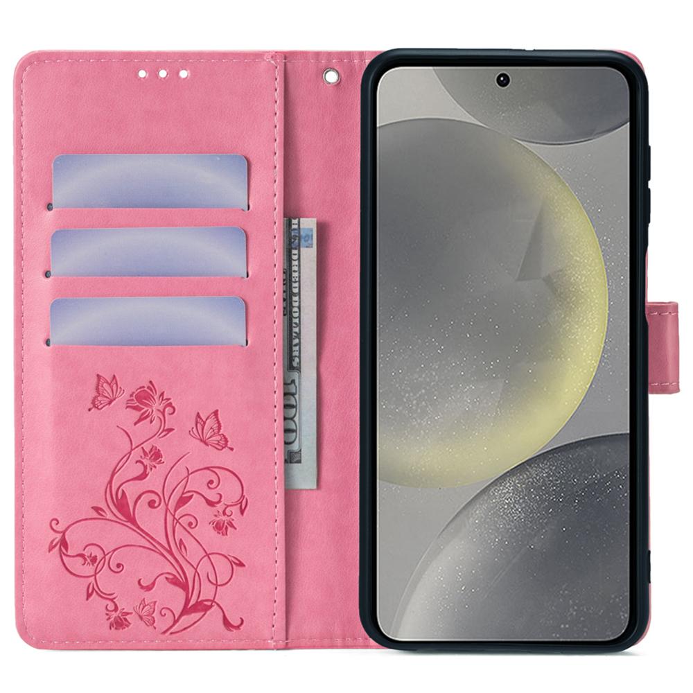 For Samsung Galaxy S24+ Case Butterfly Imprinted Leather Wallet Phone Cover with Wrist Strap