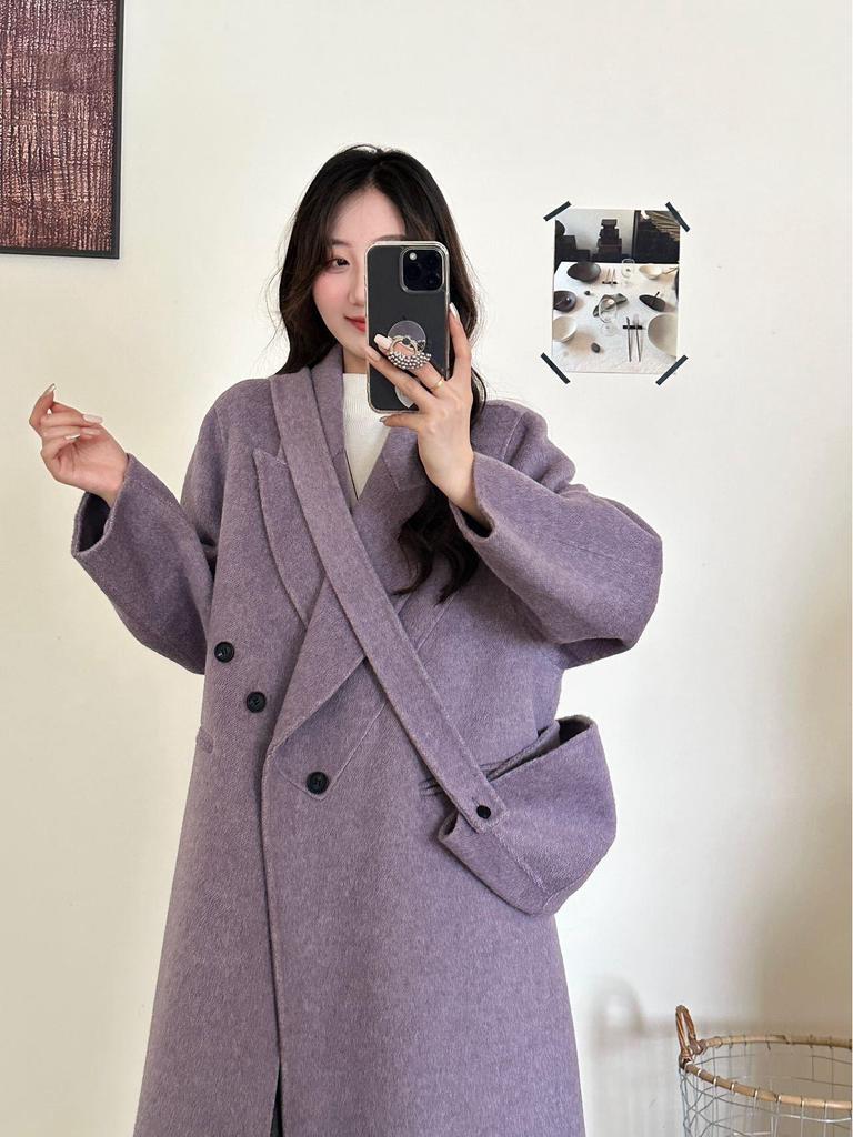 2025 Осень/Зима Женское Очень Длинное Миниатюрное Двустороннее Шерстяное Пальто Корейского Стиля с Лацканами