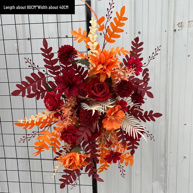 Red Floral Wedding Stage Backdrop with Artificial Flower Rows