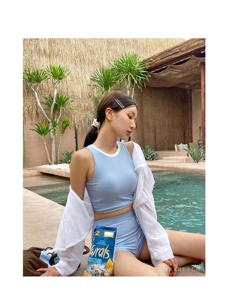 Корейский купальник бандо с разрезом 2025 - Однотонный, Сексуальные плавки с плоским вырезом для женщин