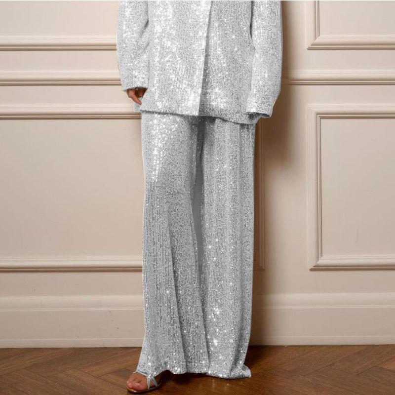 Элегантный пиджак с пайетками и брюками, комплект из 2 предметов, женское блестящее пальто с длинным рукавом и лацканами на одной пуговице, широкие брюки, новый подходящий костюм