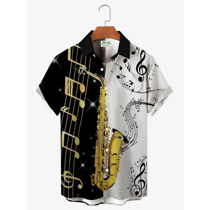 Men's Casual Shirt 3D Music Note Printed Hawaiian Men's Short Sleeve Lining