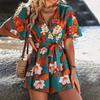 Bohemian Floral Print Short Jumpsuits For Women Summer Short Sleeve Wide Legs One Pieces  Elegant Beach Wear Casual Outfit