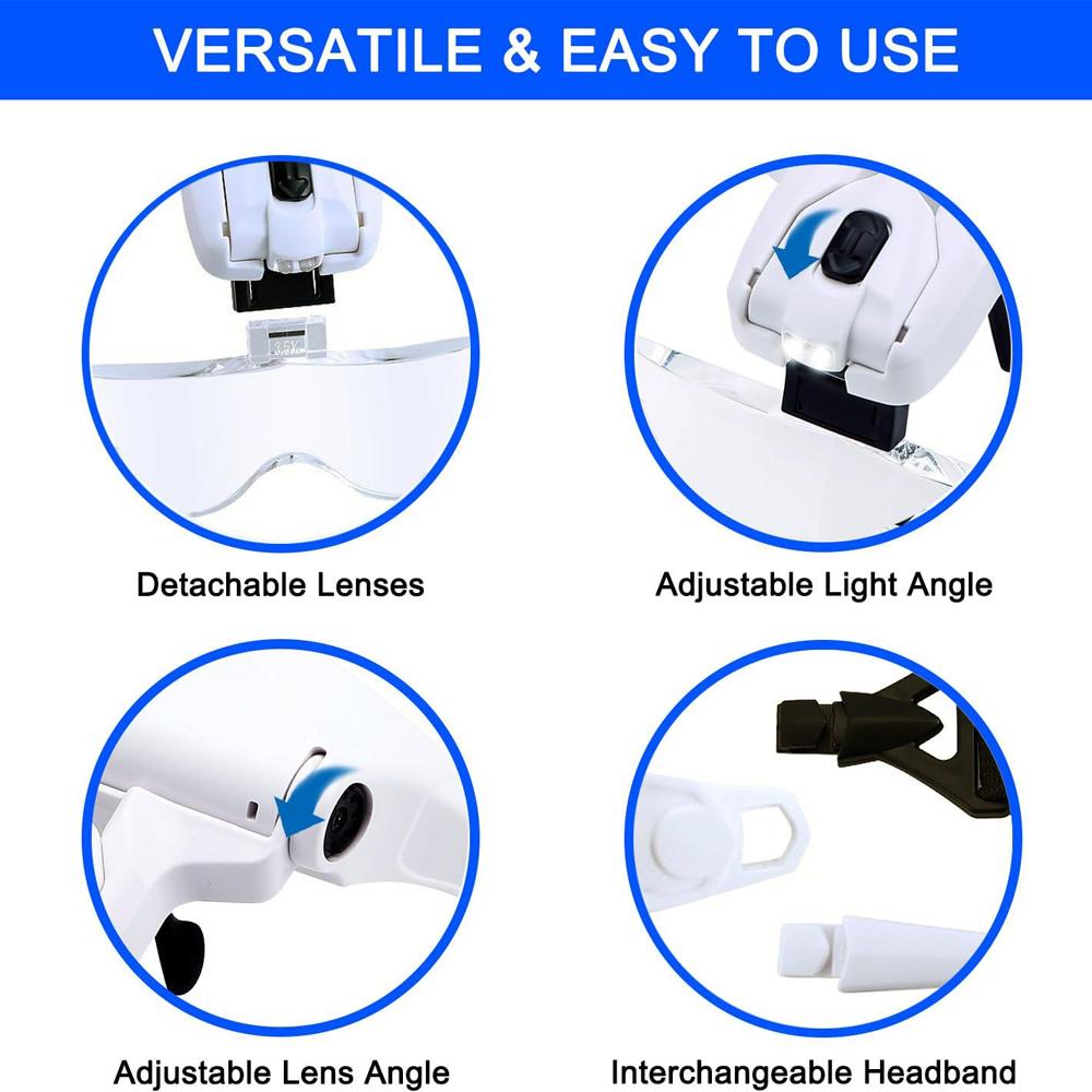 Headband Magnifying Glasses Illuminated Head Magnifier 1.0X 1.5X 2.0X 2.5X 3.5X 2 Lights Adjustable Lens Optical Magnify Glass