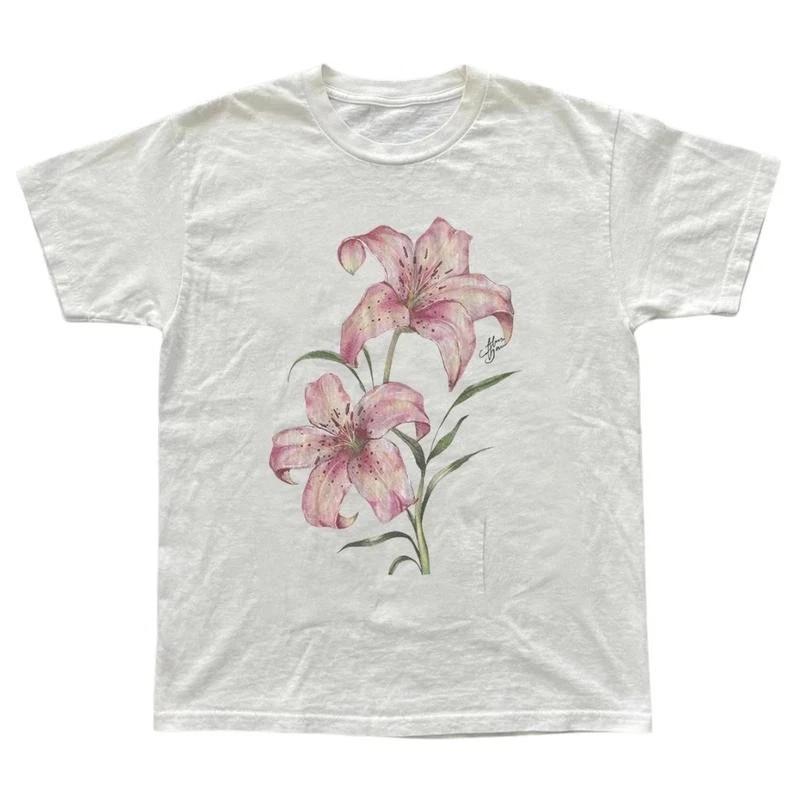 Pink Lily Floral T-Shirt, Tree Shirt, Natural Tee, Gifts Shirt, Unisex Vintage