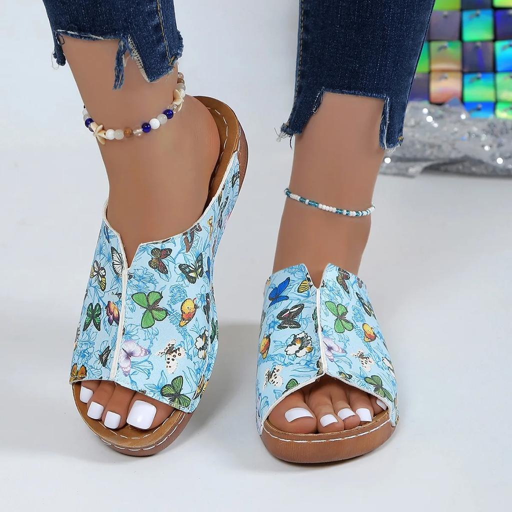 Модные женские тапочки, новые тапочки с покатым каблуком и узором «бабочка» в виде рыбьего рта, мягкая подошва, модные удобные сандалии с толстой подошвой