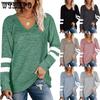 Women's Long-sleeved Color-blocking V-neck Loose Casual T-shirt Fashionable and Versatile Tops