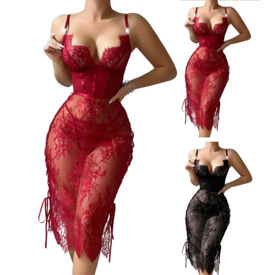 Сексуальное кружевное платье-бэбидолл для женщин, прозрачная сетчатая сорочка, одежда для сна с боковым разрезом, V-образным вырезом, ночная сорочка для медового месяца, годовщин
