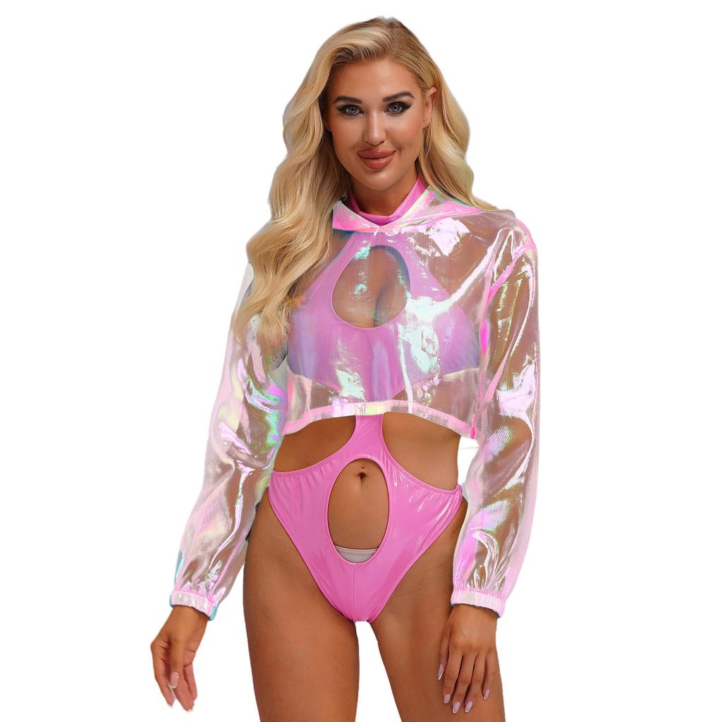 Womens Sparkly Sheer Top Hooded Long Sleeve Cropped Design Loose Fit Tops Club Rave Party