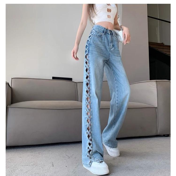 Fashionable Side Hollow High Waist Wide Leg Jeans with Loose Design for Women In Summer