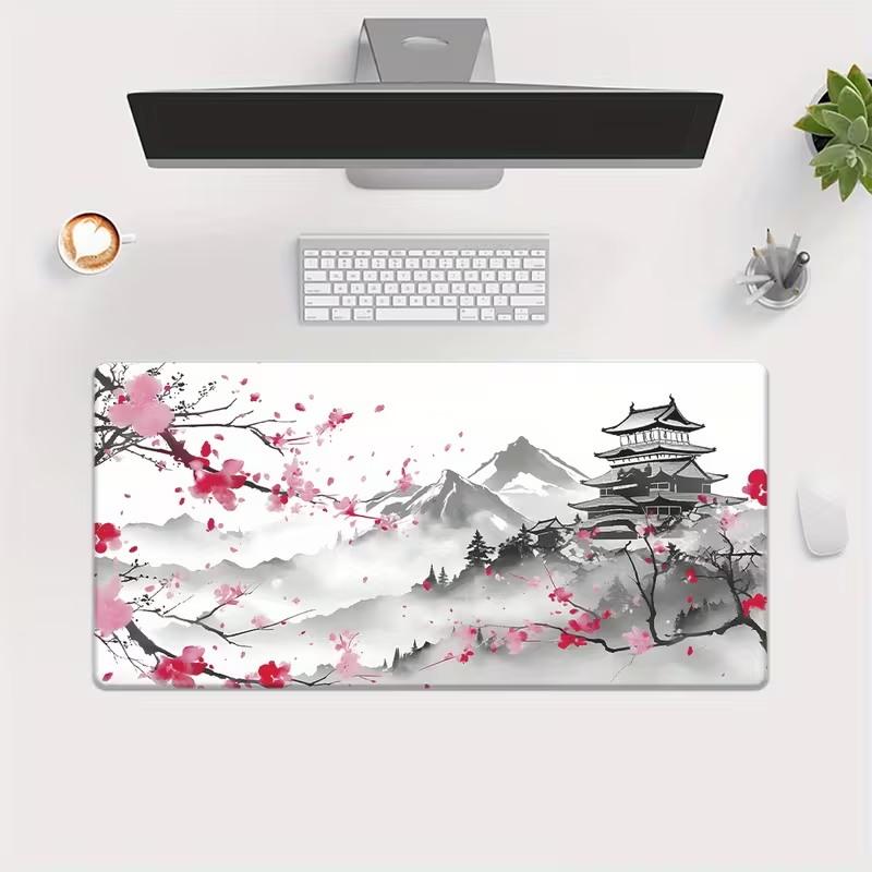 Japanese Mount Fuji Cherry Blossom Gaming Mouse Pad Extended Non Slip Mat Smooth Edges For Gamers Office Home Wireless Mouse