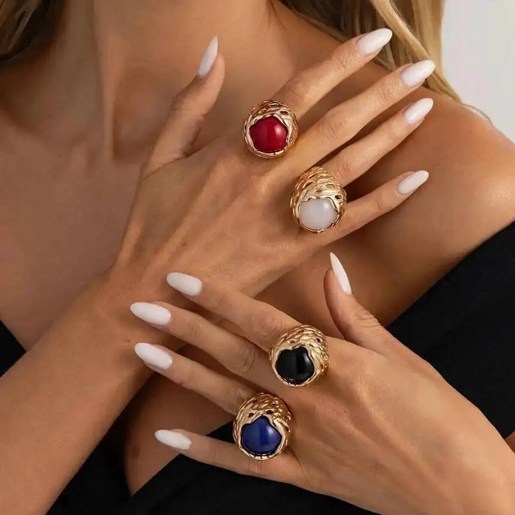 SHIXIN Vintage Hyperbole Irregular Metal Inlaid Resin Thick Textured Round Rings Women Trendy Finger Aesthetics Jewelry Gifts