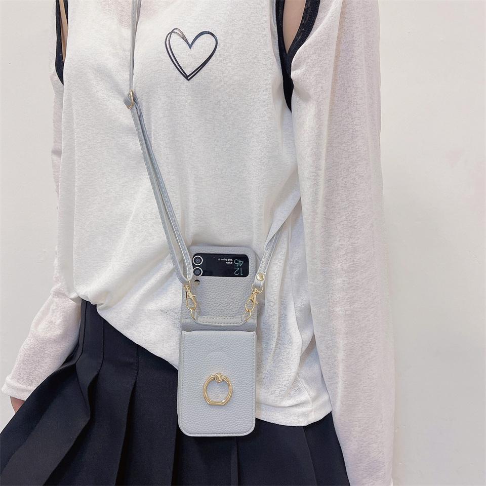 Кожаный чехол для телефона с ремешком через плечо для Samsung Galaxy Z Flip 5 4 3 Flip5 Flip4 Flip3 5G/iphone 15 14 13 12 11 Pro Ring Beauty Mirror