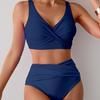 Yousheng 2Pcs/Set Women Bikini Set Deep V-Neck Padded No Wire Bra High Waist Swimming Trunks Set Solid Color Split Design Beachwear
