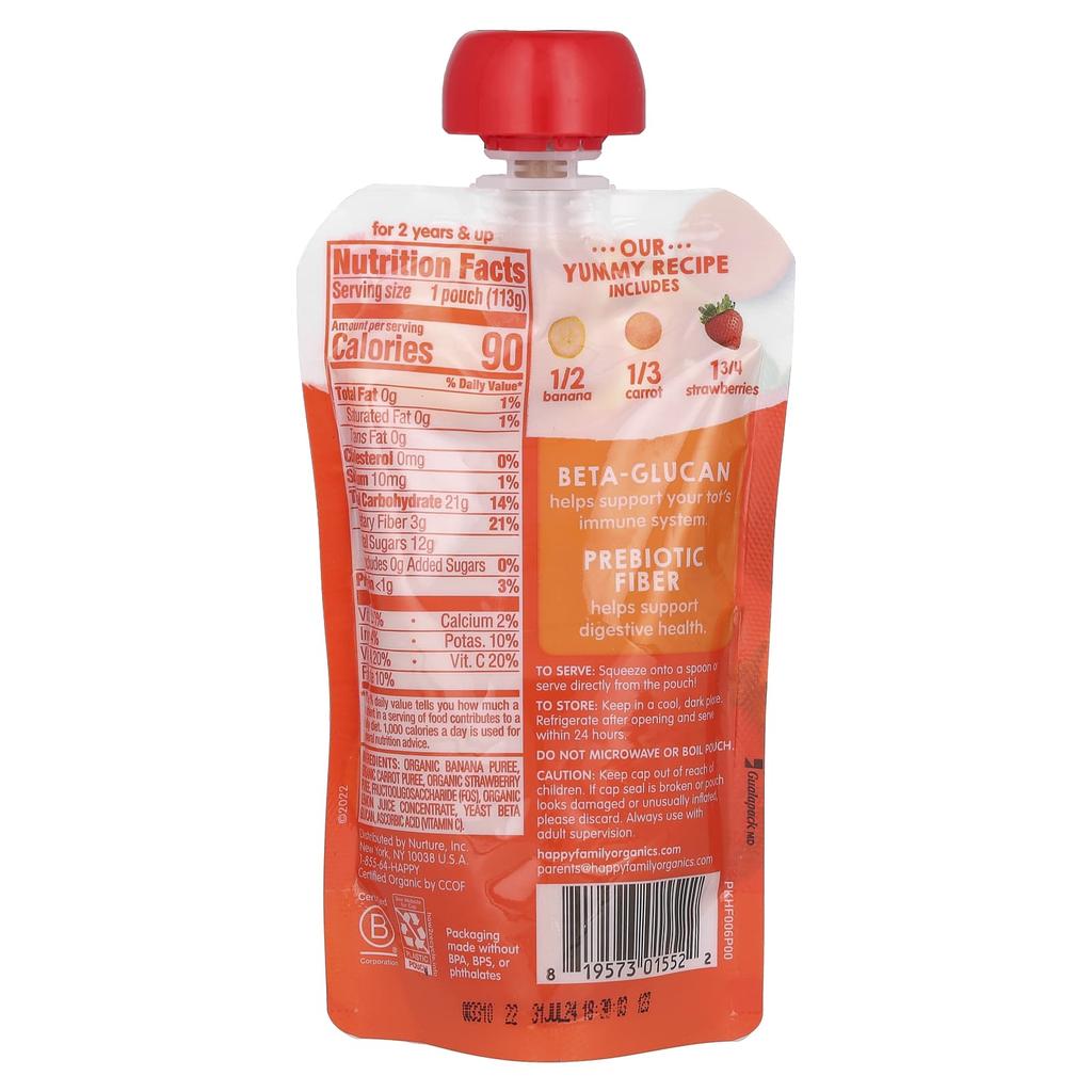 Happy Family Organics Happy Tot, Super Bellies, Stage 4, Organic Banana, Carrot, Strawberry, 4 Oz (113 G)