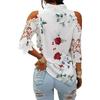 QICED Summer Women's Top Floral Print Off-the-shoulder Lace Patchwork Long-sleeved T-shirt for Women