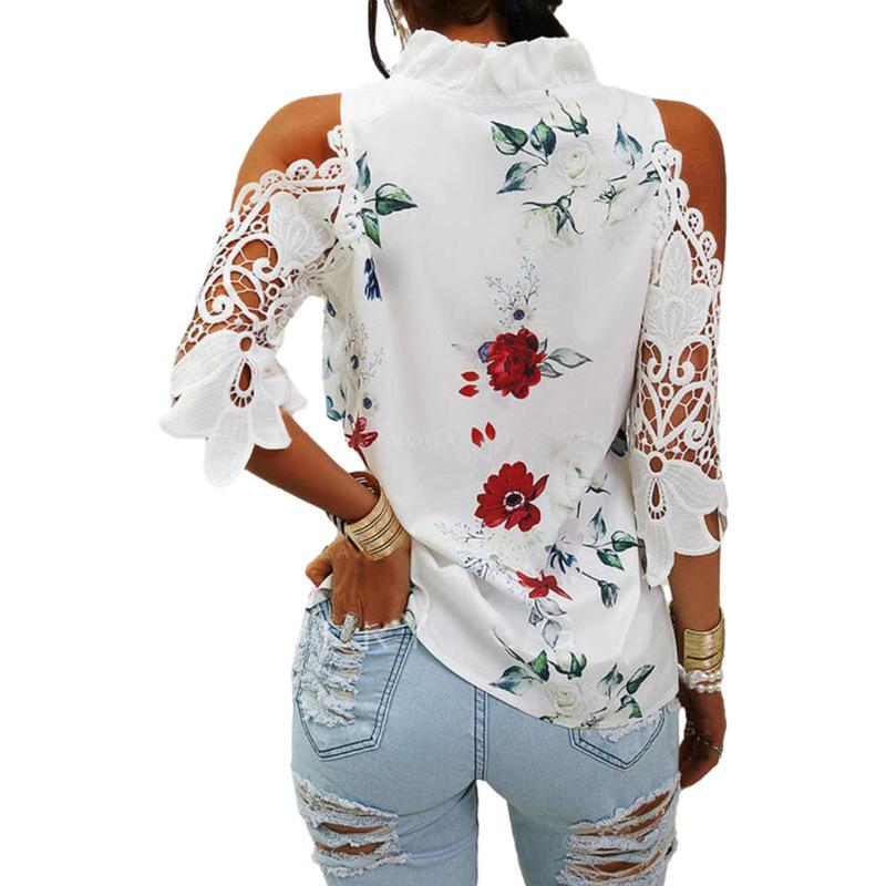 QICED Summer Women's Top Floral Print Off-the-shoulder Lace Patchwork Long-sleeved T-shirt for Women