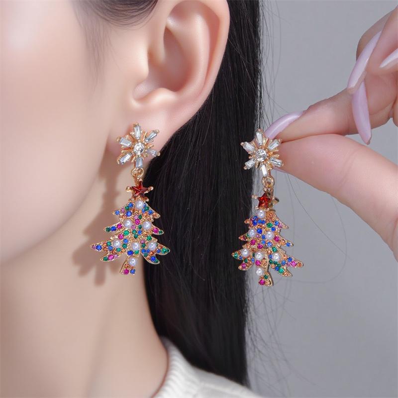 Trendy Christmas Tree Long Pendant Earrings High Temperament Fashion Zircon Jewelry Xmas Gift Collection Studs Party New Arrival