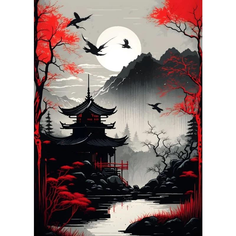 Японский Природный Пейзаж Горный Храм Холст Живопись Красный Черный Постеры Винтажное Искусство Настенные Принты для Комнаты Домашний Декор