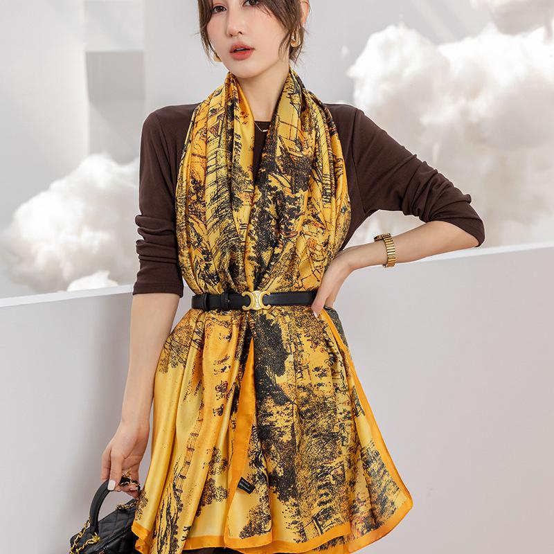 Весенне-летний тонкий атласный длинный платок в китайском стиле в стиле ретро Цинмин Шанхэ Ту Лицзин Элегантный женский солнцезащитный декоративный шелковый шарф