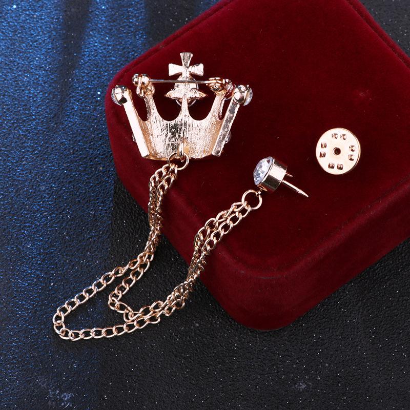 Crystal Men Brooch Pin Crown Fashion Collar Pins Suit Lapel Wedding Gift Jewelry Cross Chain