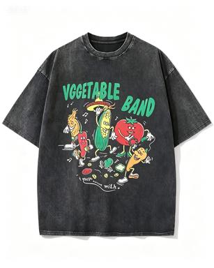 2026 new Washed Cotton Tshirt with Funny Vegetable Band Print Casual Streetwear Top