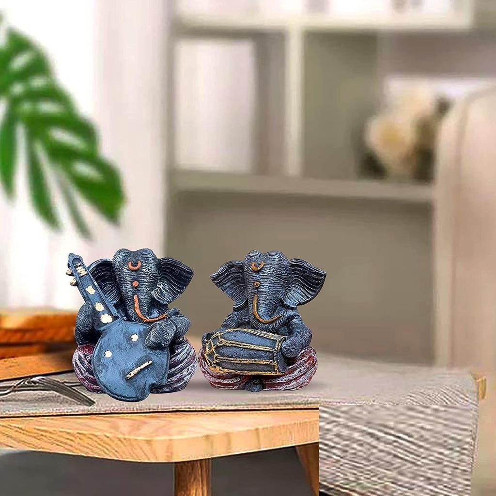 Resin Musical Ganesha Pair for Home Decor | Brings Prosperity - (Grey & Red, Pack of 2)